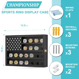 Sports Ring Display Case 11"x15", Commemorative Storage Box HD Acrylic Glass for 22 Championship Rings, Wooden Baseball Ring Holder with Flag for Footabll Softball Superbowl Trophy Rings Souvenir