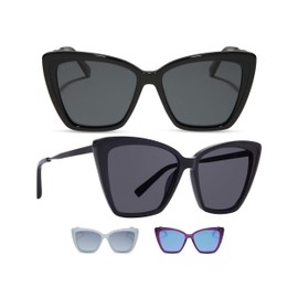DIFF Becky II Designer Oversized Cat Eye Sunglasses for Women UV400 Polarized Protection, Black + Dark Smoke