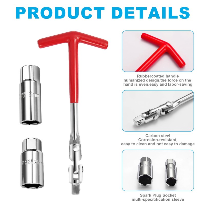 pwkauka 3Pcs Spark Plug Socket Wrench Set T-Handle, Universal 5/8"