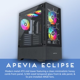 Apevia Eclipse-BK Eclipse Mid Tower Gaming PC Case w/ 5X 120mm ARGB Fans, 366 RGB Light Modes, Minimalistic Honeycomb Design, Tempered Glass Front & Side Panels, 1X USB3.0, 2X USB2.0, Black