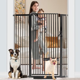 SHYUJAJIE 55 Inch Extra Tall Pet Gate Baby Gate with Small Cat Door, Adjustable 29.55" and -46.06", Dog Gate Pet Gate Easy Walk Thru Pet Door for Stairs, Doorway, House,Black
