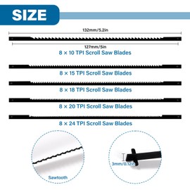 VooGenzek Scroll Saw Blade Set, 10/15/18/20/24 Scroll Saw Blade with Pin, Fixed Scroll Saw Blade, for Sawing Wood, Plastic, Foam, 8 Pieces of Each Size