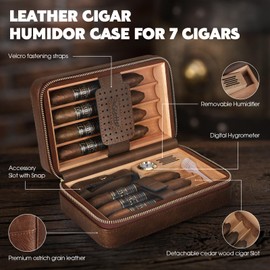 Scotte Cigar Humidor Box, Cigar Lighter Cedar Wood Lined Leather Cigar Case Built in Hygrometer & Humidifier, Torch Lighter with Cigar Holder Cigar Punch Portable Travel Cigar Humidor (Smooth Brown)