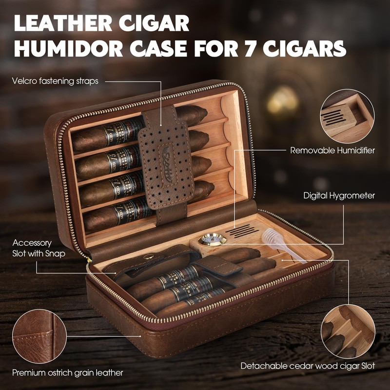 Scotte Cigar Humidor Box, Cigar Lighter Cedar Wood Lined Leather