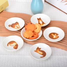 XinHuiGY Cute Cat Ceramic Side Sauce Dishes Mini Heart shape Seasoning Dish, Sushi Soy Dipping Bowl,Serving Saucers Dishe,Meow Porcelain Small Tea Bag Holder Set of 6 (Cute cat)