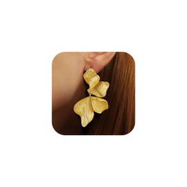 Gold Statement Earrings For Women 18K Gold Plated Sectored Flower Leaf Shell Angel Wing Earrings Large Stud Earrings Hypoallergenic Stud (Flower Leaf Earrings)