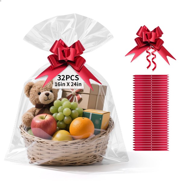 TUXIYA 32 PCS Large Cellophane Bags, 16x24inches Cellophane Wrap for