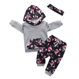 3Pcs Infant Baby Girl Clothes Set Toddler Hoodies Floral Long Sleeve Pullover Sweater Tops with Pocket Pants Headband Fall Winter Outfits Grey 6-9 Months
