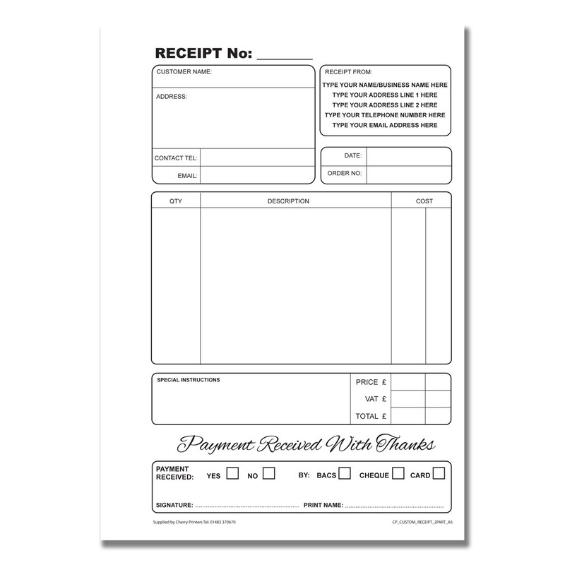 Cherry Carbonless NCR **Custom** Receipt Duplicate Book A5 50 Sets