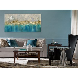 Arjun Teal Gold Abstract Wall Art Blue Turquoise Hand Painted Textured Painting Canvas Modern Grey Artwork Wooden Framed Large Size for Living Room Bedroom Bathroom Home Office Wall Decor, 48"x24"