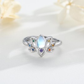 MOPOPOK 925 Sterling Silver Moonstone Lotus Ring Lotus Flower Chakra Ring With Rainbow Yoga Lotus Ring Adjustable Protecting Jewelry Birthday Christmas for Women #7, Sterling Silver, Cubic Zirconia