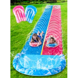JOYIN 32.5FT Water Slide and 2 Inflatable Boards, Extra Long Heavy Duty Double Lawn Waterslide with Sprinkler for Kids Adults Backyard Summer Water Toy Outdoor Fun, Blue, Pink