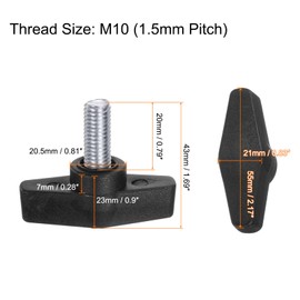 QUARKZMAN Pack of 2 T-wing Knobs M10 x 20 mm Metric Male Grub Screw 55 mm T-Head Plastic Knob Handles Thumb Screws Hand Tension Knob Grip Thumb Screw, Black