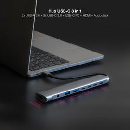 NANOCABLE 10.16.4608-8 in 1 USB-C Hub, USB-C 3.1 to 2x USB-A 3.0 + 3x USB-C 3.0 + USB-C PD + HDMI 4K @ 60Hz + 3.5 mm Audio Jack, Aluminium, Grey, 18 cm