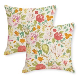 BYONEESS Spring Floral Pillow Covers 18x18 Inch Set of 2 Spring Pillowcase Colorful Flower Leaf Decoration Spring Premium Linen Throw Cushion Case Vintage Home Decor for Bed Sofa and Car