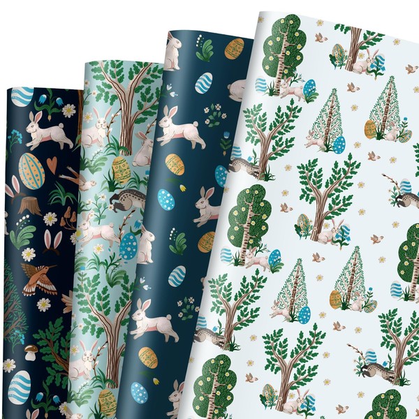 AnyDesign 12 Sheets Easter Wrapping Paper Bunny Rabbit Plants Gift Wrap Paper Bulk Folded Flat 4 Designs Botanic DIY Craft Art Paper for Party Wrapping Supplies, 19.7 x 27.6 Inch