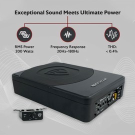 Rockville SS10P 800W Slim Under-Seat Active Car/Truck Subwoofer, Built-in Amp, Wired Remote Bass Knob, Cast Aluminum, for Car Audio Upgrades
