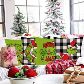 XGXHZYLC Christmas Pillow Covers 18x18 Inch Set of 4 Merry Christmas Pillows Decor Grinchmas Farmhouse Throw Pillow Covers for Home Office Sofa Couch Bed Decoration