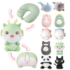 DAWNTREES Travel Pillow for Kids,U-Shaped Neck Pillow Pillow,Animals Cartoon Pillow Deformation Pillow Doll Two-in-One Dual-Purpose Creative Pillow (Green)