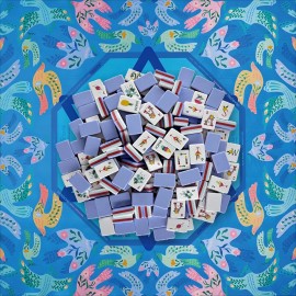 160-Tile 4-Layer Engraved Mahjong Set, 1-7/16" Cornflower Blue Azure Aviary MatColor: Black Mahjong Bag Set