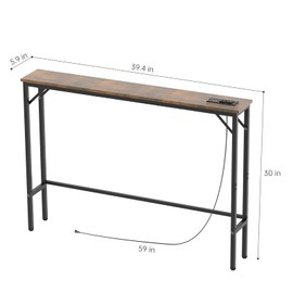 Aduanbang 5.9" Console Table with Outlet – Narrow Sofa Table, Behind Couch Table for Living Room & Hallway, 5.9" x 39.4" x 30", Metal Frame, Rustic Brown