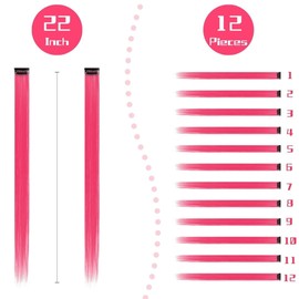 BUMMSEVEN Colored Hair Extensions Clip in for Kids Girls Women, 22 inch Straight, 12 pieces Hot Pink
