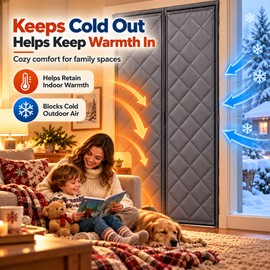 Magnetic Thermal Insulated Door Curtain, Quilted Oxford Fabric Winter Door Cover with Cotton Filling, Hands-Free Self-Closing, Water-Repellent, Keeps Cold Out for Front Door, Patio, Kitchen