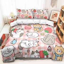 Nttopship Kawaii Duvet Cover Full Size Kawaii Cat Duvet Covers Set 3 Pieces for Kids with Zipper Closure,Cartoon Strawberry Full Comforter Quilt Cover Microfiber Bedding Set