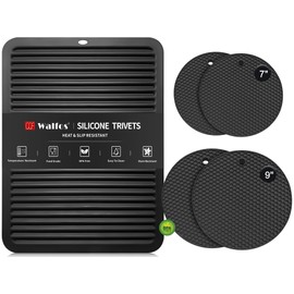 Walfos XXL Silicone Trivet 16 Inch and Round Trivets 9 Inch & 7 Inch, Trivets for Hot Pots and Pans, Heat Resistant Pot Holders Hot Pads for Kitchen Quartz Countertops, Hot Dishes, 5 Pack, Black