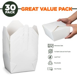 Fit Meal Prep 30 Pack 110 oz Paper Take Out Containers 8.8 x 6.5 x 3.5 - White Lunch Meal Food Boxes #4, Disposable Storage To Go Packaging, Microwave Safe, Leak Grease Resistant for Restaurant