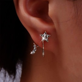 Yheakne Boho Crystal Moon Star Earrings Gold Rhinestone Star Stud Earrings Sparkly Star Crescent Earrings Cz Star Ear Claw Earrings Jewelry for Women and Girls
