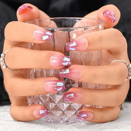 Sethexy Pink Rhinestone Handmade Press on Nail Medium Coffin Fake Nails Aurora Gradient Glitter Acrylic Glossy False Nail Salon Nails for Women and Girls 10PCS (C)