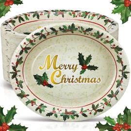 Yungyan 50 Pcs Christmas Holly Oval Paper Plates 10" x 12" Disposable Holly Berries Serving Dish Vintage Tableware Plates for Candy Cookie Winter Xmas Gatherings Holiday Party Decor Supplies