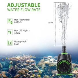FREESEA Fountain Submersible Water Pump: 800GPH 45W Adjustable Small Pond Pump with 5ft Tubing Hose and 3 Nozzles 10ft High Lift for Outdoor | Hydroponics | Waterfall | Aquarium | Fish tank