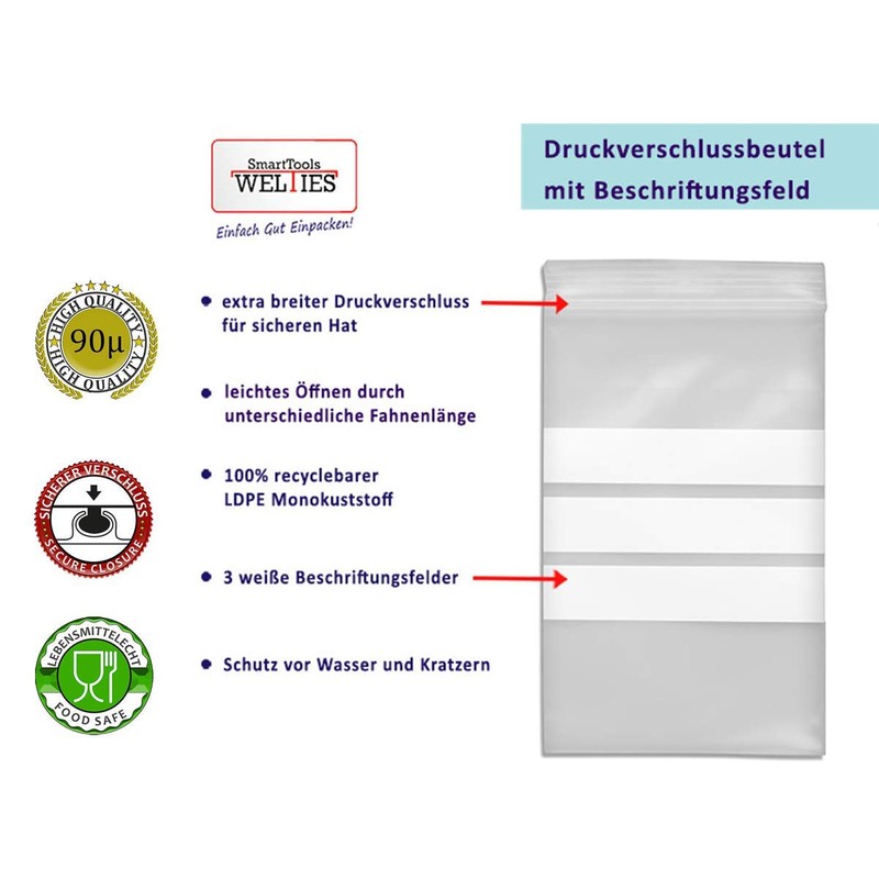 WeltiesSmartTools Premium Resealable Grip Bags with 0.09 mm Labelling Field