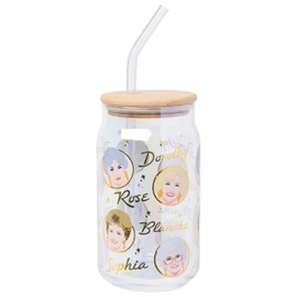 Silver Buffalo Golden Girls 40th Anniversary Featuring Blanche, Dorothy, Rose, and Sophia Iridescent Gold Glass Jar Tumbler with Bamboo Lid and Glass Straw, 16 Ounces
