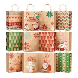 Gift Bags Medium Size with Handles - Holiday Decorations, Gift Bags Assortment with 12 Designs for Presents, Shopping and Parties - Bags Kraft Paper 12 Pack