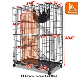 Homey Pet 50 Inch Cat Cages Indoor, Large 4-Tier Cat Crates for Indoor Cats, Collapsible Metal Wire Cat Kennel Big Multi-Level Cat Cage for Adult Cats Kitten Kitty with Hammock, Ramp, 360° Wheels