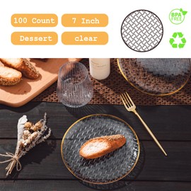 NZVCN 100 PCS Clear Plastic Plates with Gold Rim, Disposable Dessert Plate, 7" Salad Plate, Heavy Duty Weave Pattern Plates for Party, Wedding