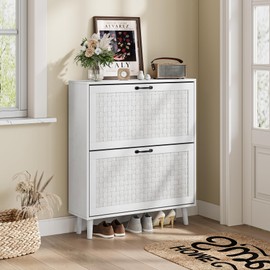 Shoe Storage Cabinet with Handmade Rattan Drawers, Freestanding Shoe Organizer Cabinet with Solid Wood Legs, Narrow Shoe Cabinet Storage for Entryway, Rustic Slim Shoe Rack Cabinet (White)