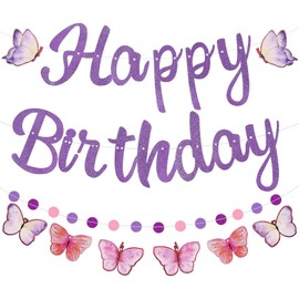 Purple Butterfly Birthday Decorations, Happy Birthday Banner, Happy Birthdays Sign, DIY Party Decoration, for Women Girl Butterfly Theme Birthdays Supplies