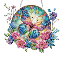 KEYIFA Diamond Painting Kit, DIY Butterfly Diamond Art for Adults, Colorful Diamond Painting Hanging Sign Crystal Art Window Ornaments Home Garden Wall Door Hanging Decoration, 20cm Width