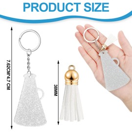 40 Piezas Llaveros de Acrílico de Megáfono de Alegría con Borla, 20 Anillos de Llavero en Blanco de 3 Pulgadas y 20 Borlas de Llavero Regalo de Graduación de Porristas (Plata Brillante, Blanco)