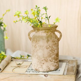 Glass Flower Vase with Handle- 8 Inches Rustic Imitation Ceramic Vase for Flowers, Vintage White Brown Centerpiece Decorations for Farmhouse, Modern Home, Table & Holiday Decorations