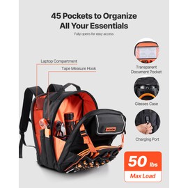 VEVOR Tool Backpack, 45 Pockets, Heavy-duty Tools Storage Organizer Work Bags Backpack with Laptop Compartment & Reinforced Fabric Basee, Electrician Jobsite Backpack for Electrician, Repairman