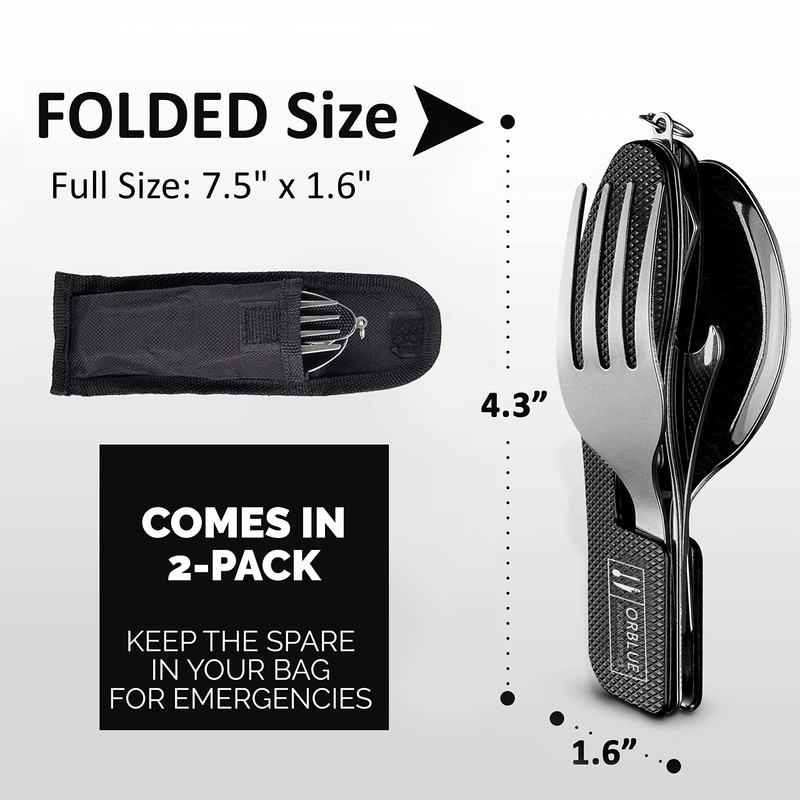 Orblue 4-in-1 Camping Utensils, 2-Pack, Portable Stainless Steel Spoon, Fork,