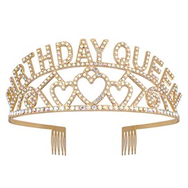 AOPRIE Birthday Tiara for Women Gold AB Birthday Queen Headband Happy Birthday Tiara and Crown for Women Rhinestone Crystal Decor