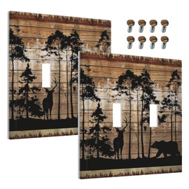 WMHUSU Decorative Light Switch Plate Covers Abstract Bear Deer Forest on Brown Wood Plank 2 Gang Wall Plate Double Toggle Switch Cover Plate Electric Dual Device Electrical Faceplate (2 Pack)