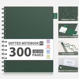 AHGXG Bullet Dotted Journal Spiral Notebook, 300 Pages Dotted Notebook Thick Journal, A5 Dot Grid Notebook, 100GSM Thick Paper, Plastic Hardcover, with Journal Stencils, 5.7" x 8.3", Black Green