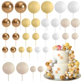 ASTARON ASTARON 32 Pcs Ball Cake Topper Decorations Mini Balloons Cake Topper Sticks Foam Balls Cake Picks Cake Topper Balls Cake Decorations for Wedding Party Birthday Cake Decorations (Yellow Gold)